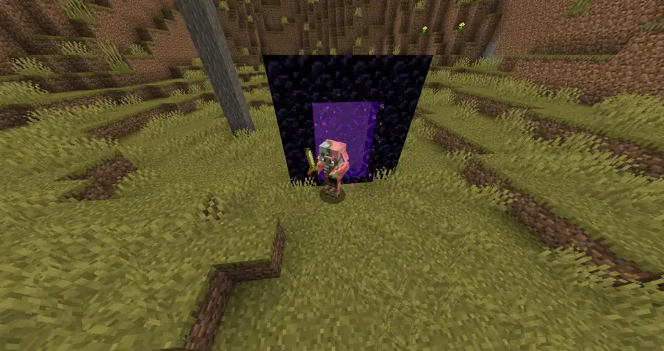 A lit Nether portal with a purple swirling centre inside an obsidian frame on grassy ground, with a zombified piglin standing in front, in Minecraft Java Edition