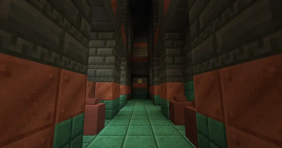 A screenshot of the main corridor in a Minecraft trial chamber, with tuff-brick walls, copper blocks, teal floor tiles and clay pots