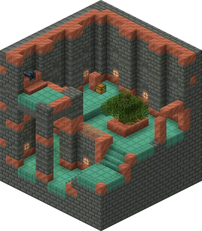 An isometric render of a Trial Chambers entrance room in Minecraft: tuff-brick walls with copper blocks, teal tile floors, a chest and a leafy planter