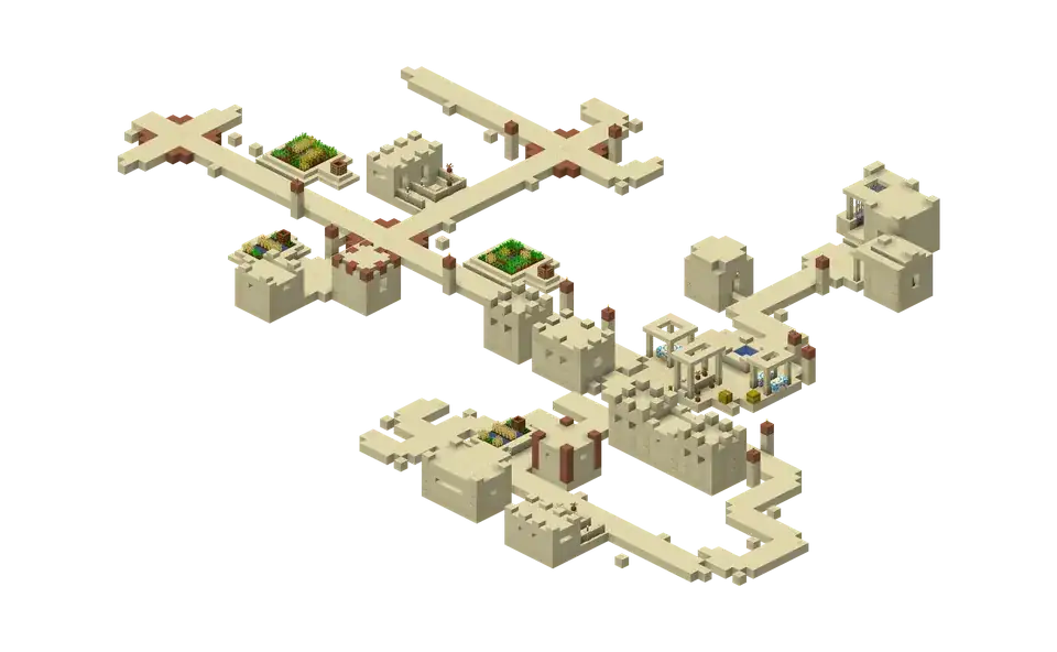 An isometric render of a desert village in Minecraft: sandstone houses with terracotta accents, farm plots, a well and sand paths