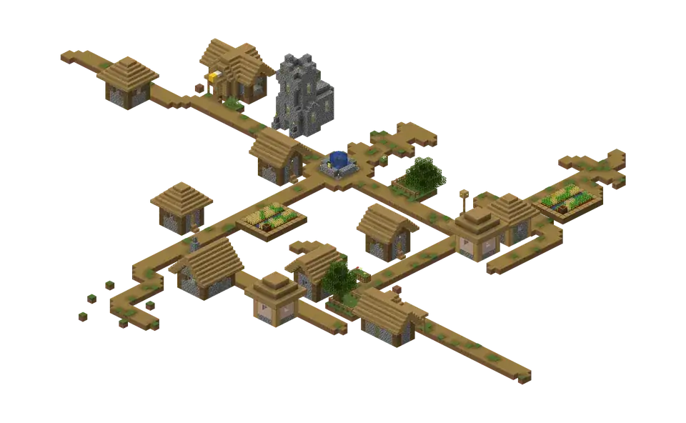 An isometric render of a plains village in Minecraft: oak-roofed houses, a stone church, a well, farm plots and dirt paths