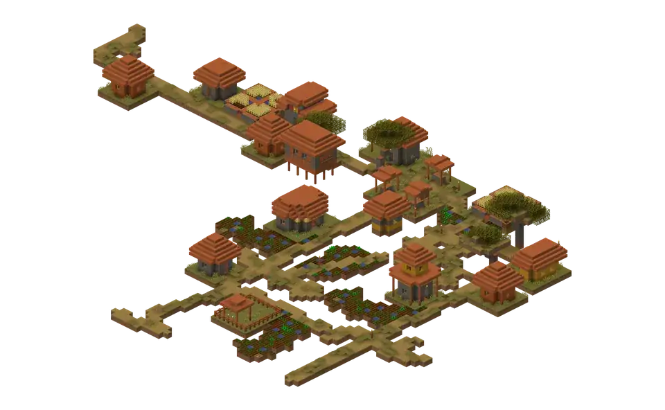 An isometric render of a savanna village in Minecraft: acacia houses with orange roofs, crop fields and acacia trees on dirt paths