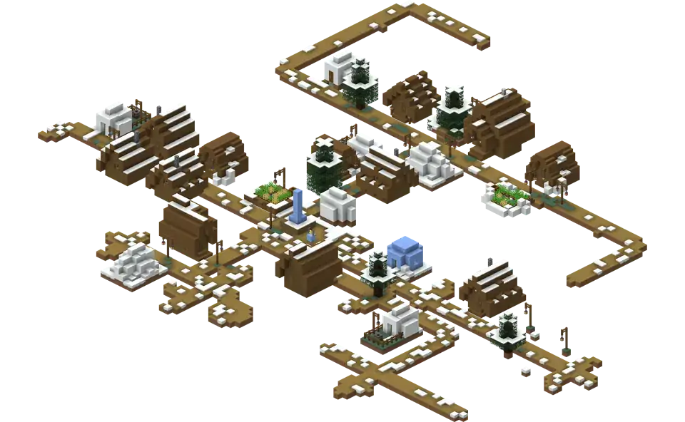 An isometric render of a snowy village in Minecraft: snow-covered spruce houses, igloos, lamp posts and snowy dirt paths