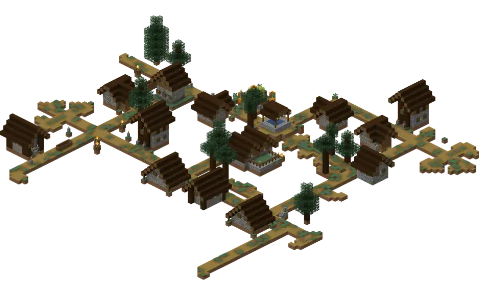 An isometric render of a taiga village in Minecraft: spruce houses with dark roofs, a well, torches and spruce trees